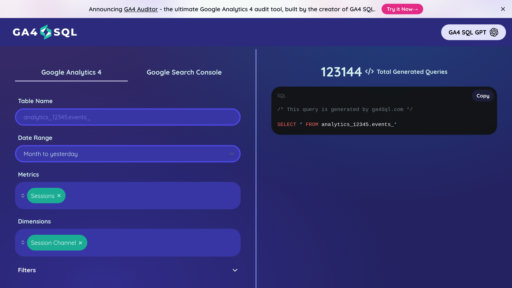 GA4 SQL - Free GA4 data analysis tool with visual BigQuery SQL generator - Logo