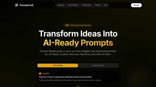 PromptCraft - Transform Reddit tech ideas into structured prompts for v0 and Replit development - Logo