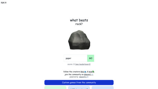 What Beats Rock Game - Jeu pierre-papier-ciseaux intelligent, juge IA évalue vos idées créatives - Logo